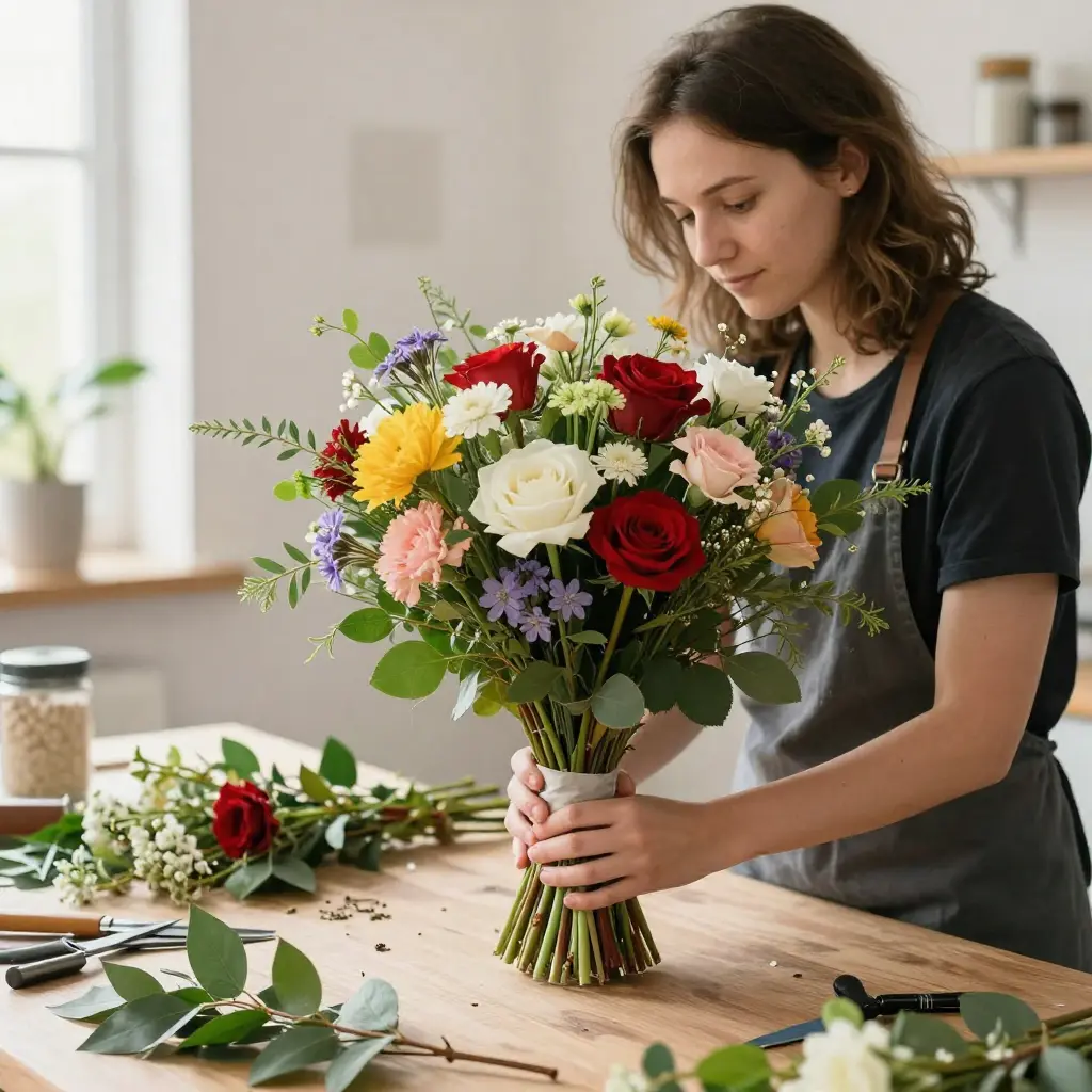 Deltaker som lager en fargerik bukett på verksted